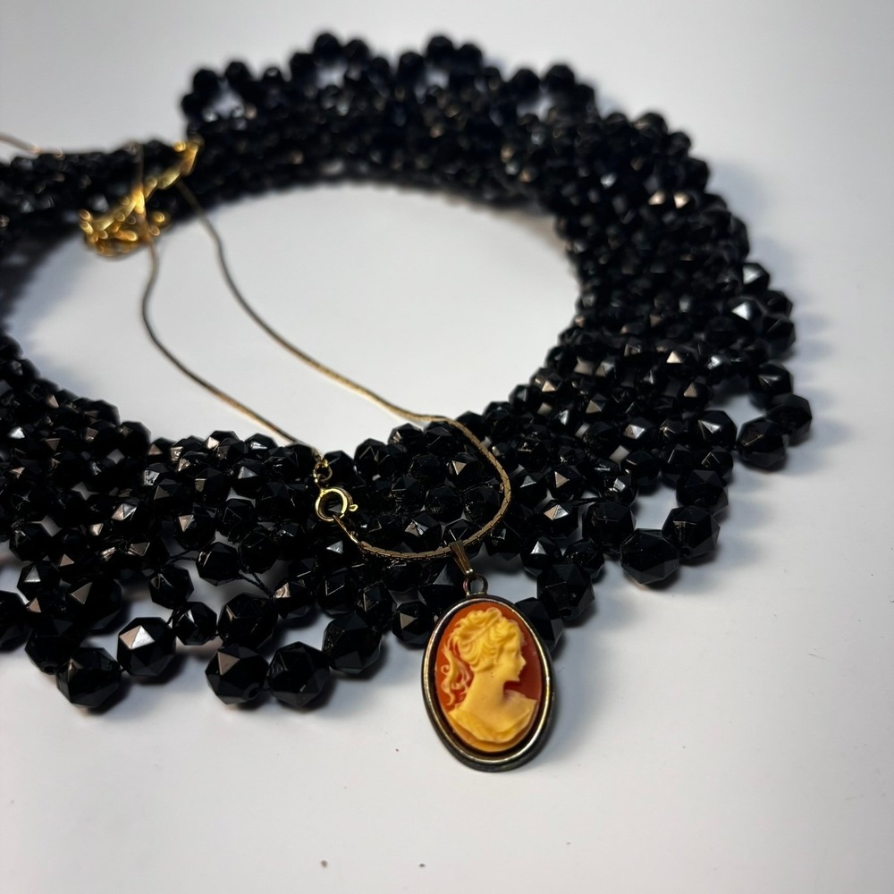 Goth Coquette Necklace and Black Beaded‎ Collar Set Vintage Cameo Pendant